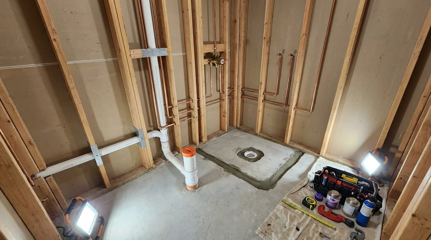 Bathroom rough-in plumbing during remodel by Johns Plumbing LLC in Cherryvale