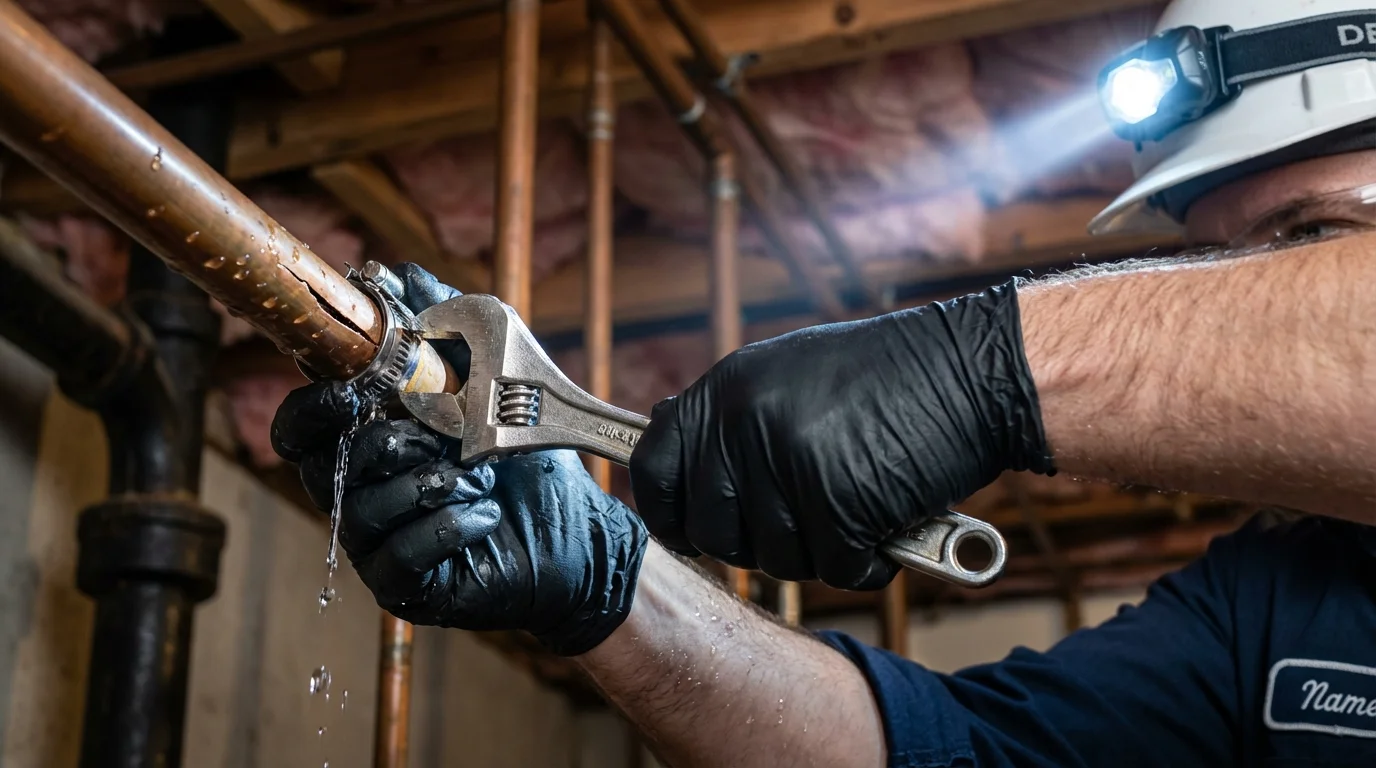 Emergency pipe clamp repair being performed by a Johns Plumbing LLC plumber in Cherryvale