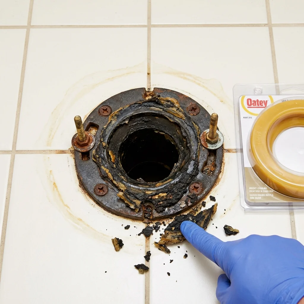 Failed wax ring showing water seepage at the base of a toilet in a Cherryvale, KS home
