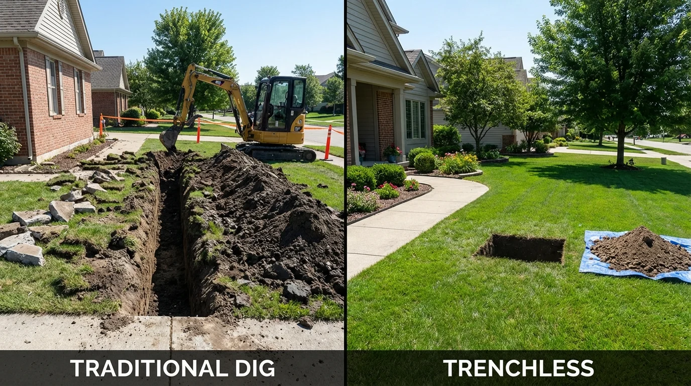 Trenchless sewer repair with minimal yard damage versus traditional excavation in Cherryvale, KS