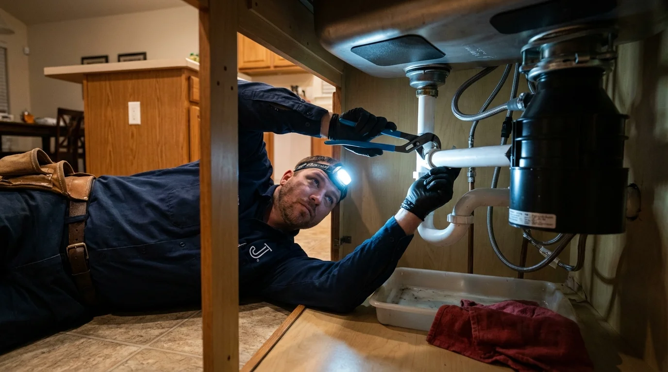 P-trap and supply line connections under a kitchen sink showing a common leak point in Cherryvale, KS